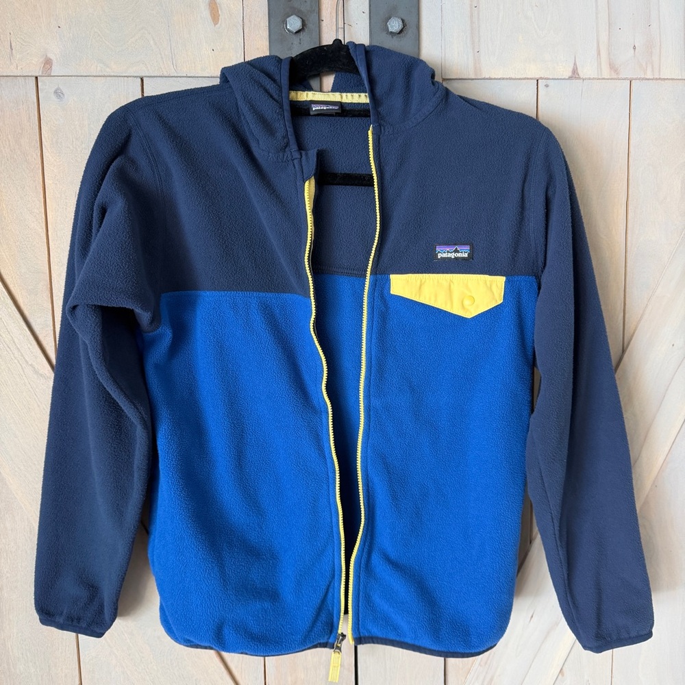 Patagonia Kids' Micro D Snap-T Navy Blue and Yellow Hooded Jacket Size Large(12)